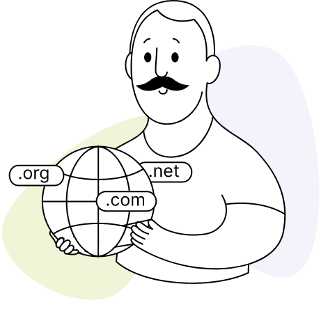 Ein Cartoon-Mann hält einen Globus mit den TLDs in der Hand.